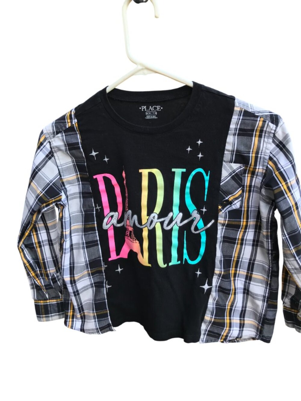 Upcycled Girl’s Cotton Plaid Tee, Oversized Paris Graphic T-Shirt Child's 8-12